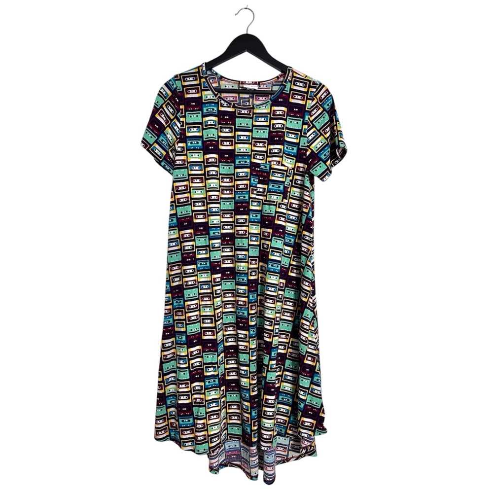 LuLaRoe Cassette Tape Print Carly Dress Size Medium Multicolor Retro Print